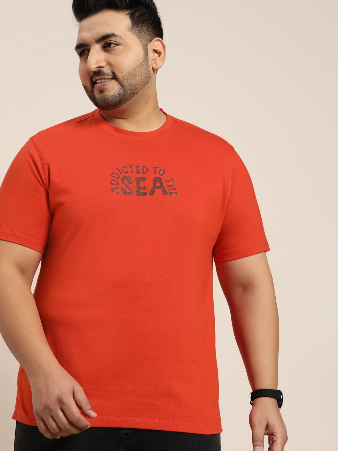

Sztori Men Plus Size Coral Red & Brown Typography Printed T-shirt
