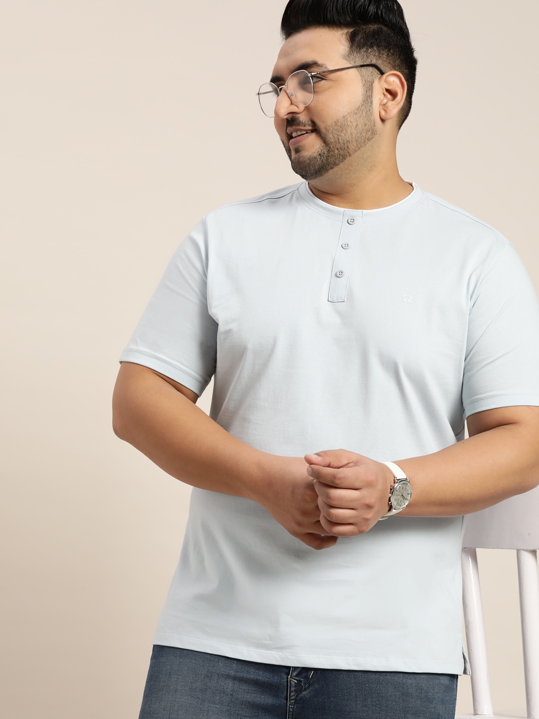 

Sztori Men Plus Size Blue Pure Cotton Solid Henley Neck T-shirt
