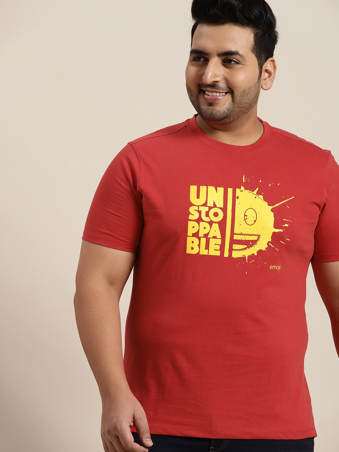 

Sztori Men Plus Size Red & Yellow Typography Printed Pure Cotton T-shirt