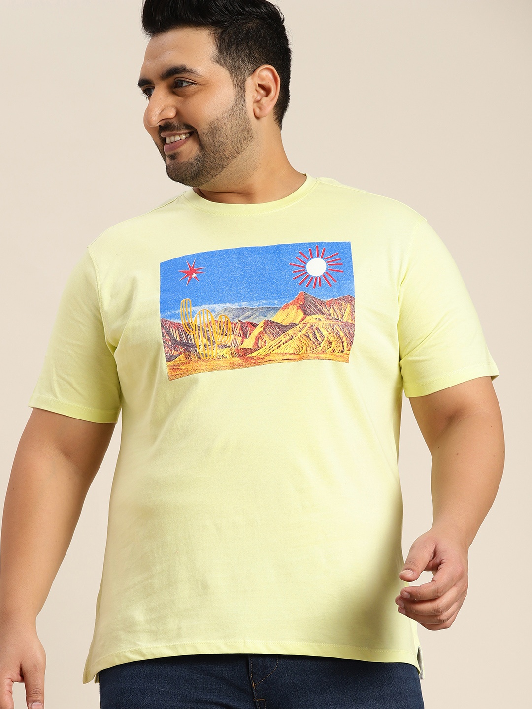 

Sztori Men Plus Size Yellow & Blue Printed T-shirt