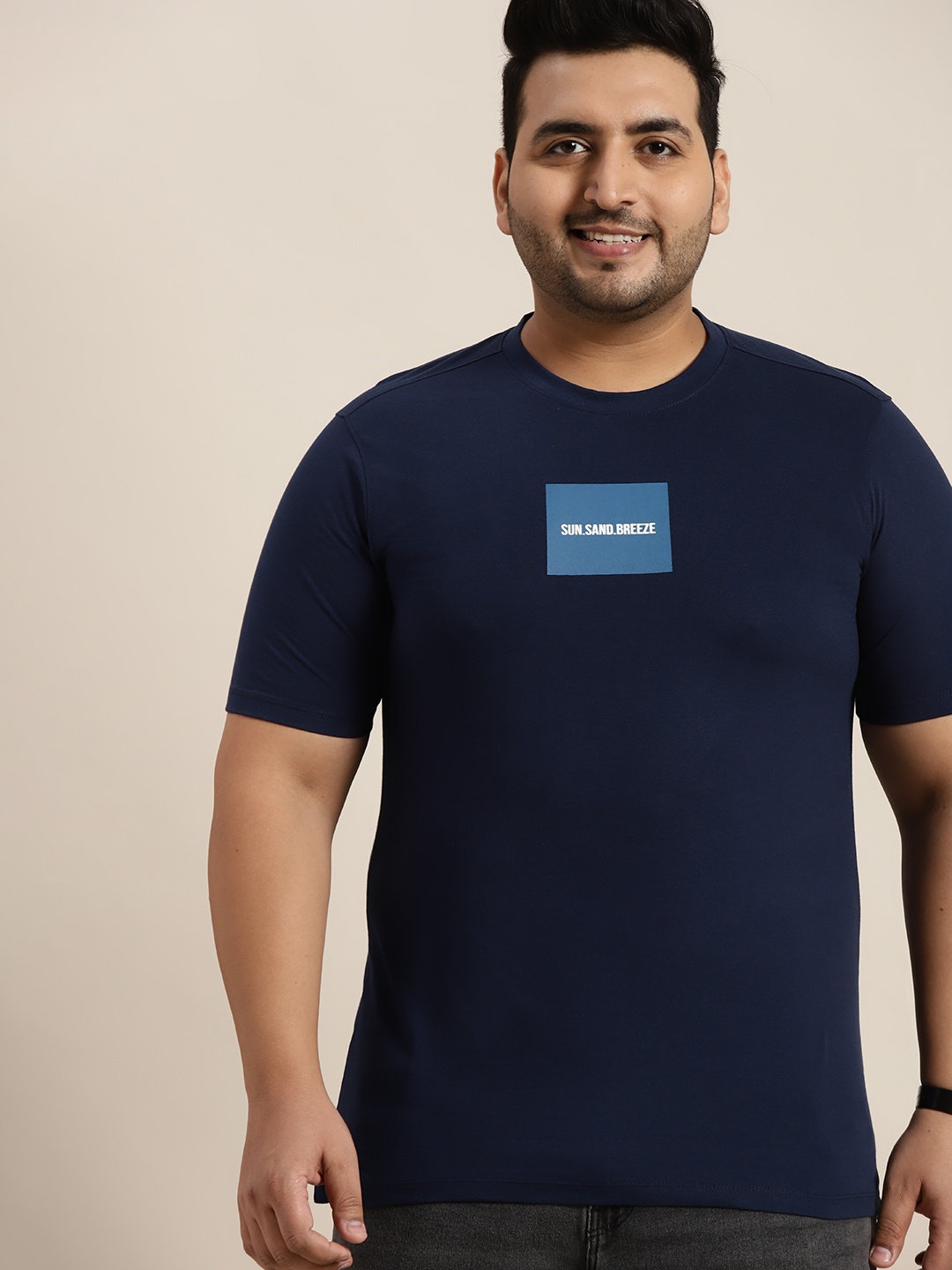 

Sztori Men Plus Size Navy Blue Pure Cotton Typography Printed Detail T-shirt