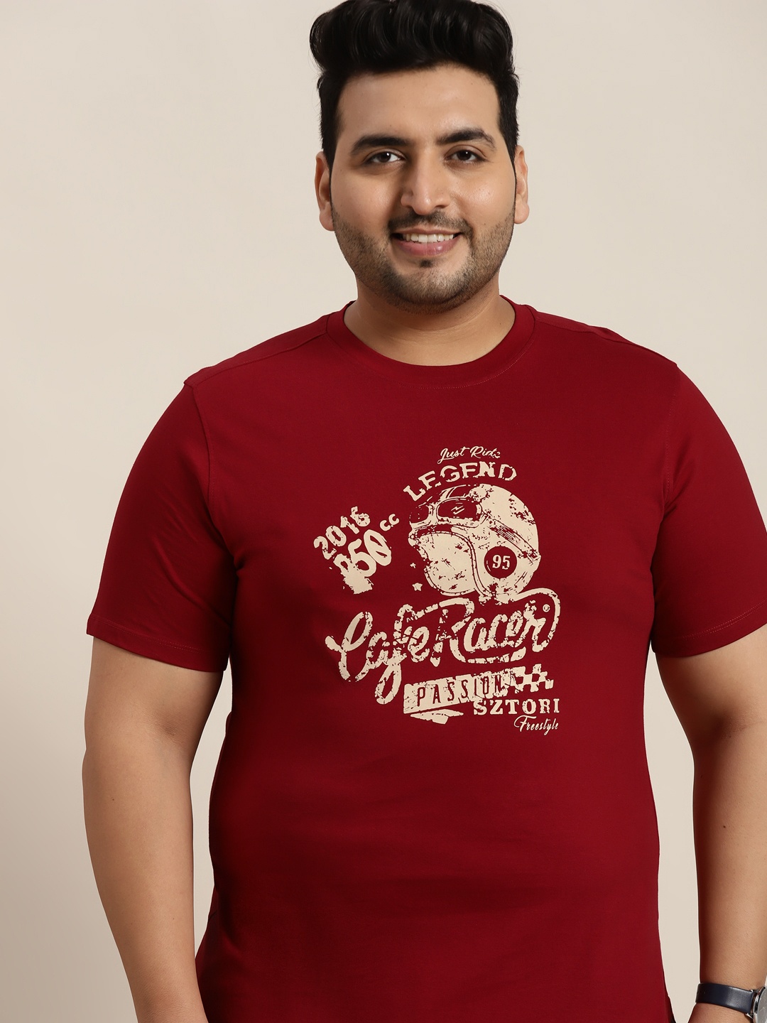 

Sztori Men Plus Size Maroon & Beige Typography Printed Pure Cotton T-shirt