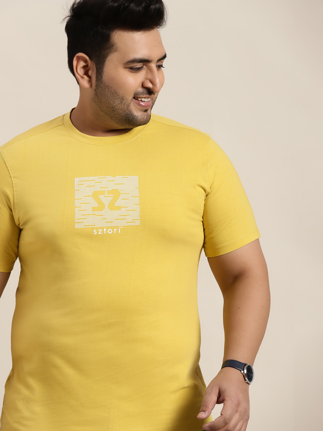 

Sztori Men Plus Size Yellow Brand Logo Printed Pure Cotton T-shirt