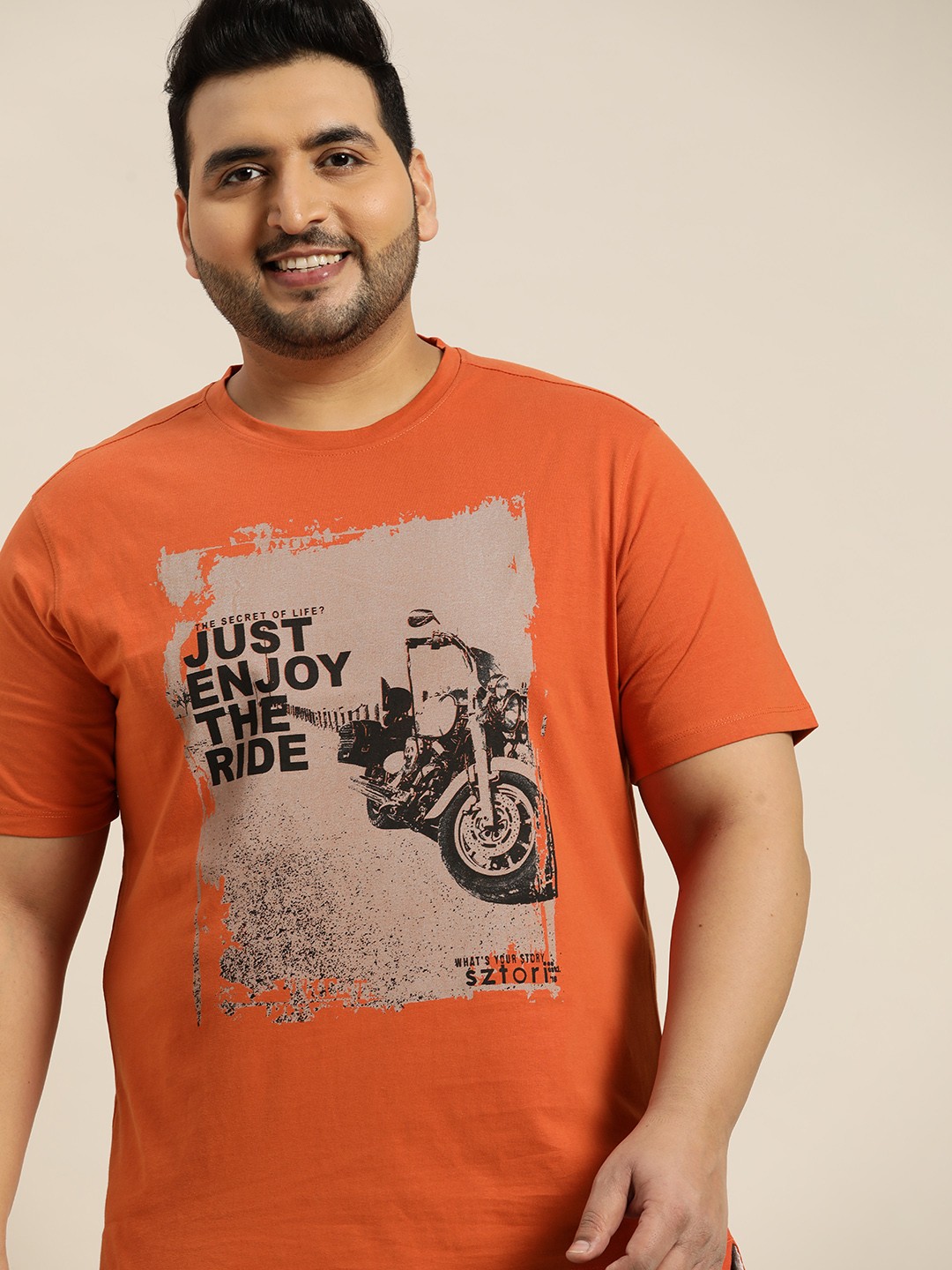

Sztori Men Plus Size Rust Orange & Grey Pure Cotton Graphic Printed T-shirt