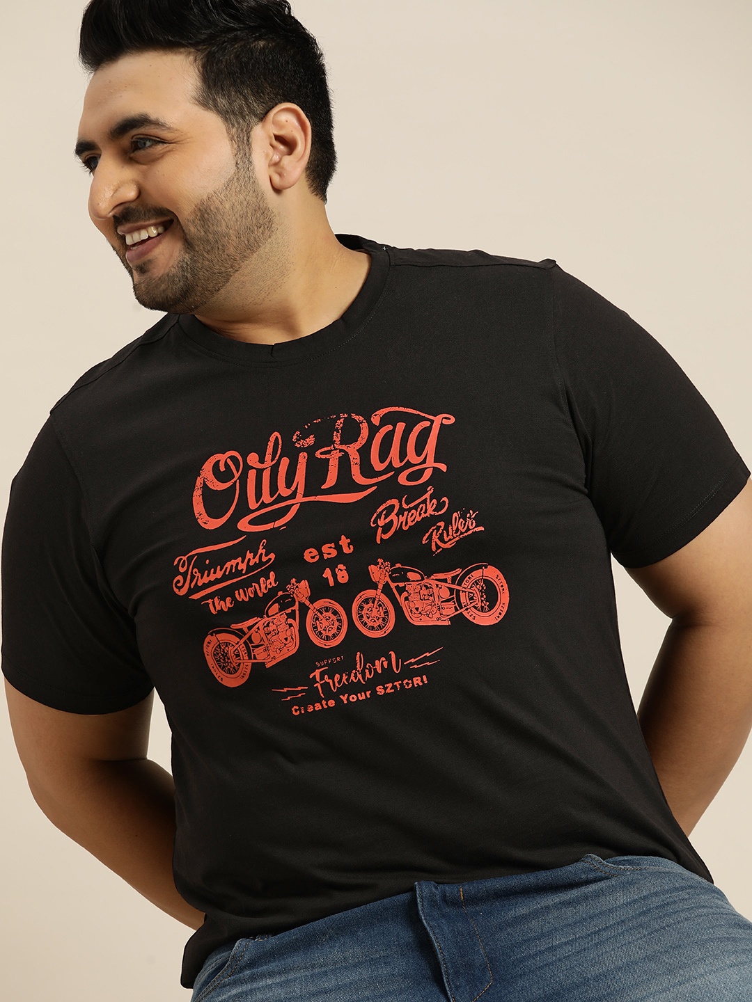 

Sztori Men Plus Size Black & Orange Pure Cotton Biker Printed T-shirt
