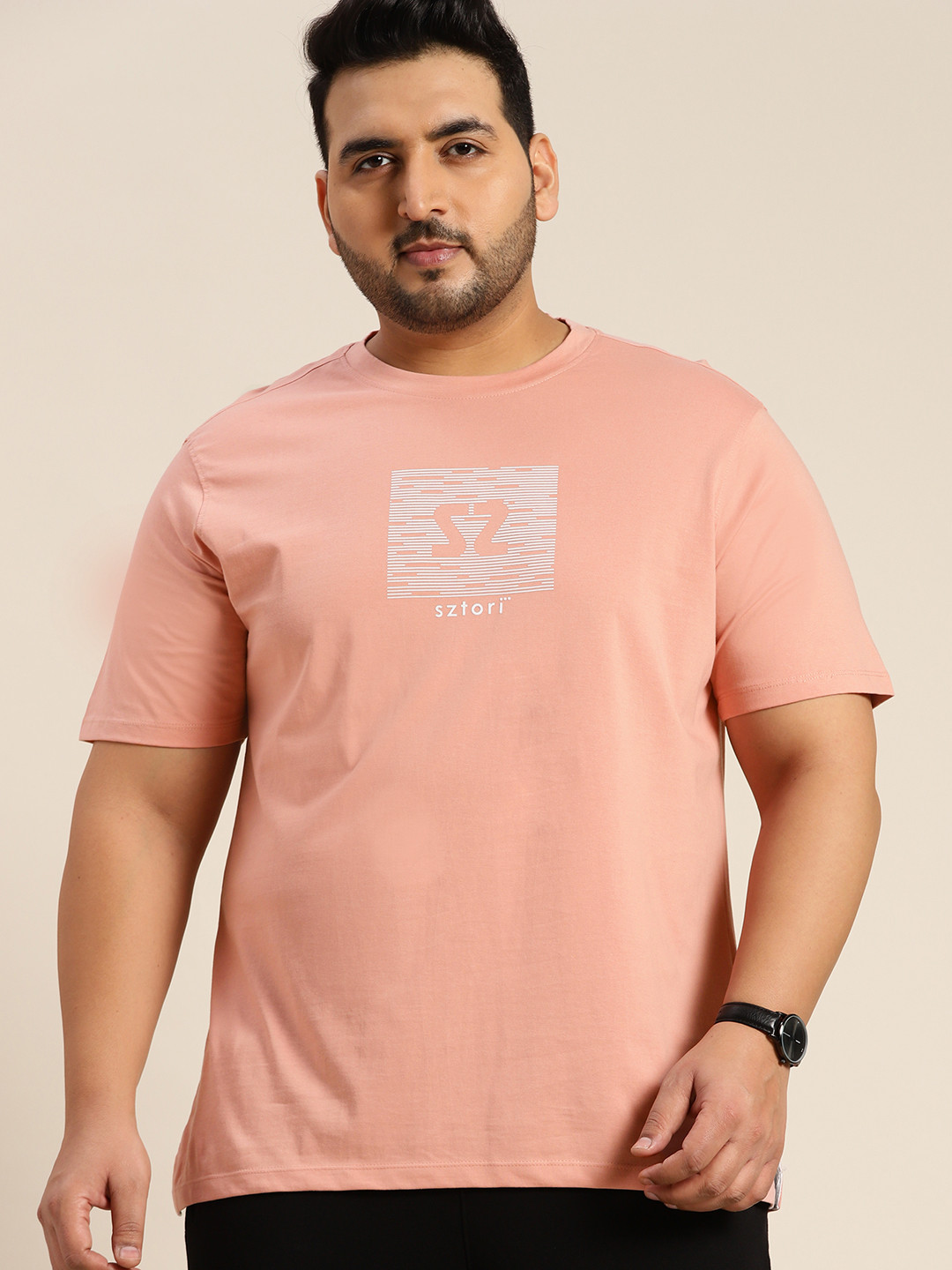 

Sztori Men Plus Size Pink Brand Logo Printed Pure Cotton T-shirt