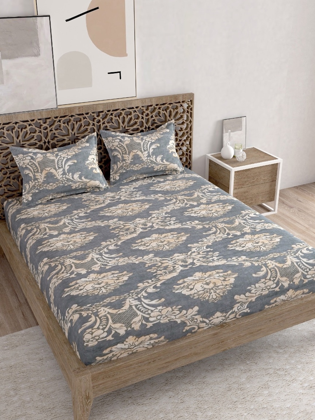 

Salona Bichona Grey 180 TC Cotton Double Bedsheet with Two Pillow Covers