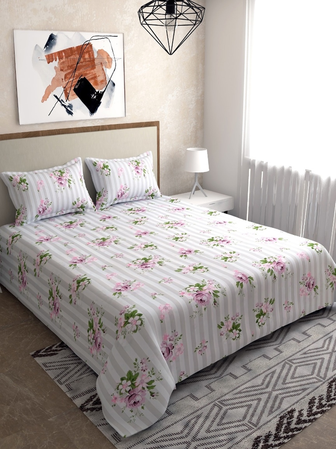 

Salona Bichona Pink & White 144 TC floral Printed Queen Bedsheet with 2 Pillow Covers