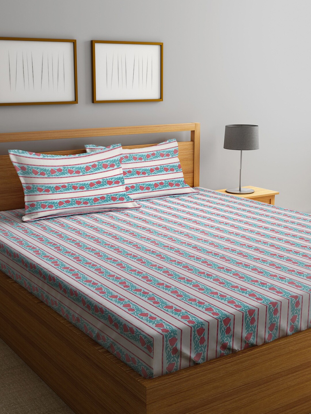 

KLOTTHE Blue Pure Cotton 300 TC Striped Double Bedsheet with 2 Pillow covers