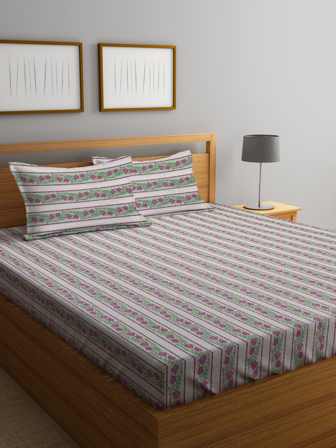 

KLOTTHE Green Pure Cotton 300 TC Striped Double Bedsheet with 2 Pillow covers