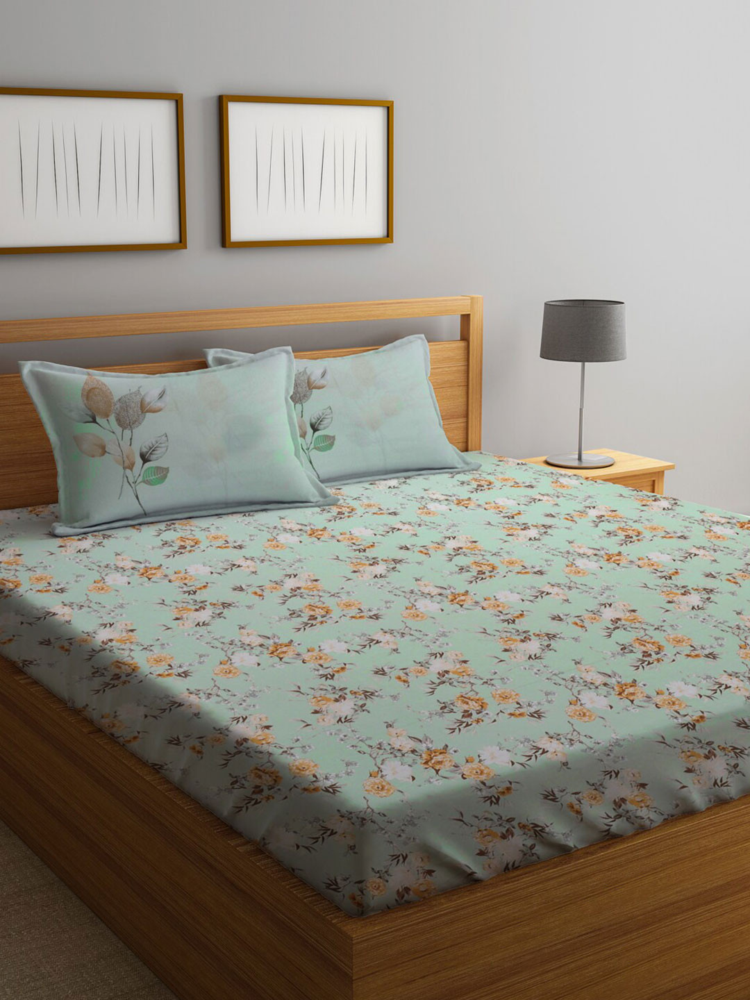 

KLOTTHE Unisex Green 300 TC Floral Cotton Double Bedsheet with 2 Pillow covers