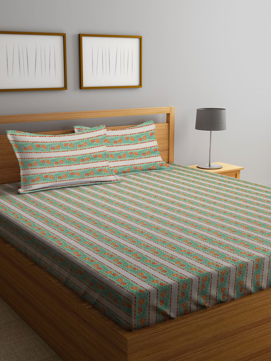 

KLOTTHE Pure Cotton 400 TC Striped Super King Double Bedsheet with 2 Pillow Covers, Green