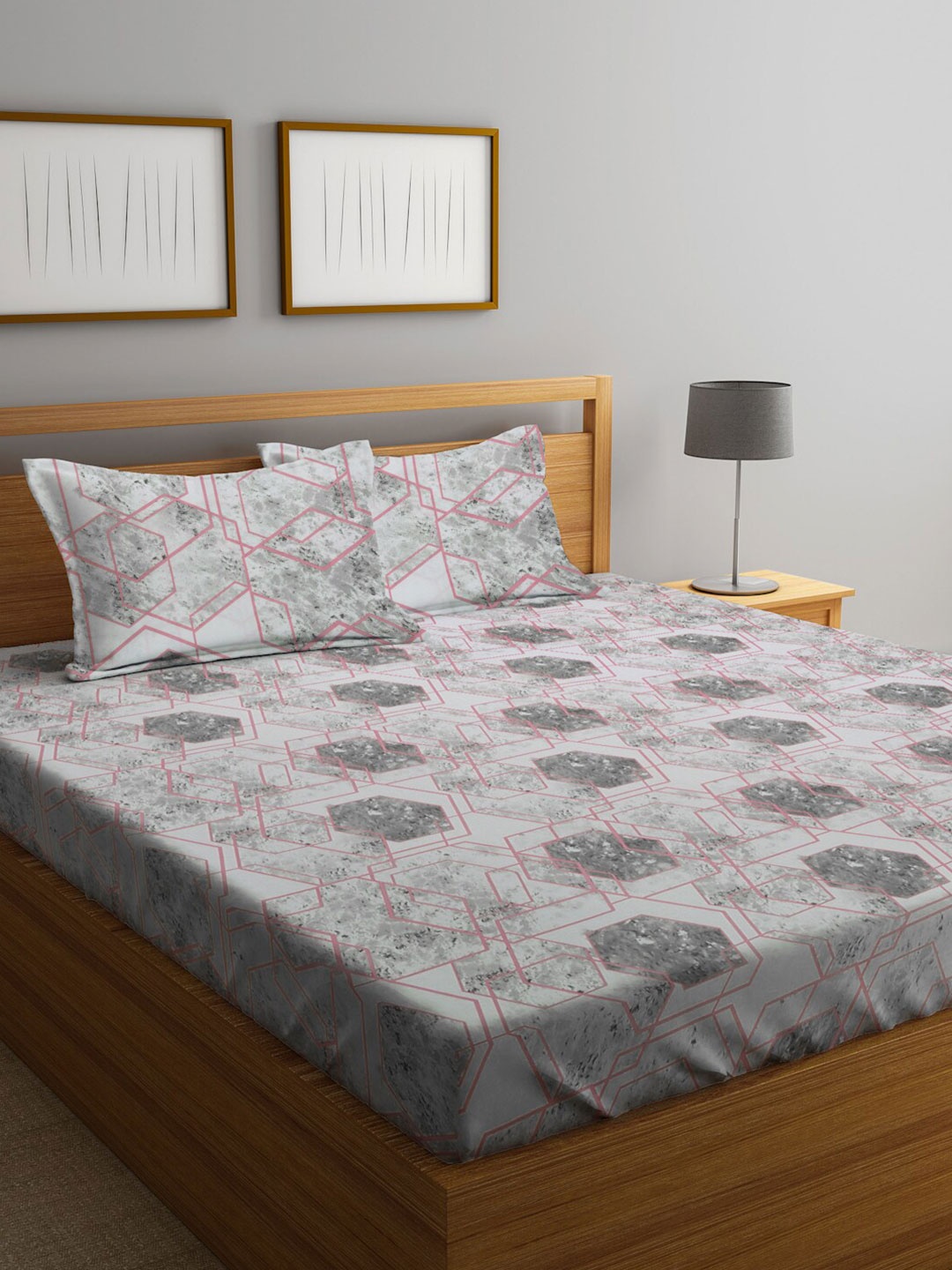 

KLOTTHE Pure Cotton 300 TC Geometric Double Bedsheet with 2 Pillow covers, Grey melange