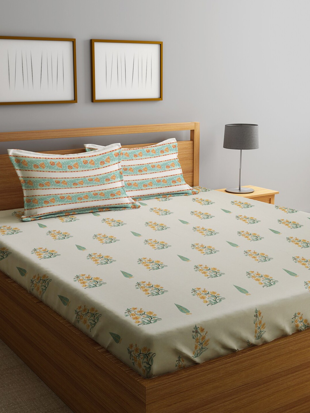 

KLOTTHE Pure Cotton 300 TC Floral Double Bedsheet with 2 Pillow Covers, Cream