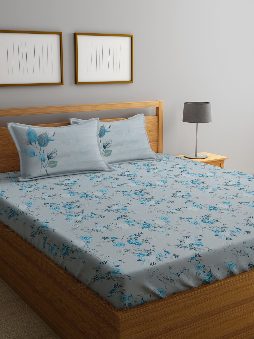 

KLOTTHE Grey Pure Cotton 300 TC Floral Double Bedsheet with 2 Pillow Covers