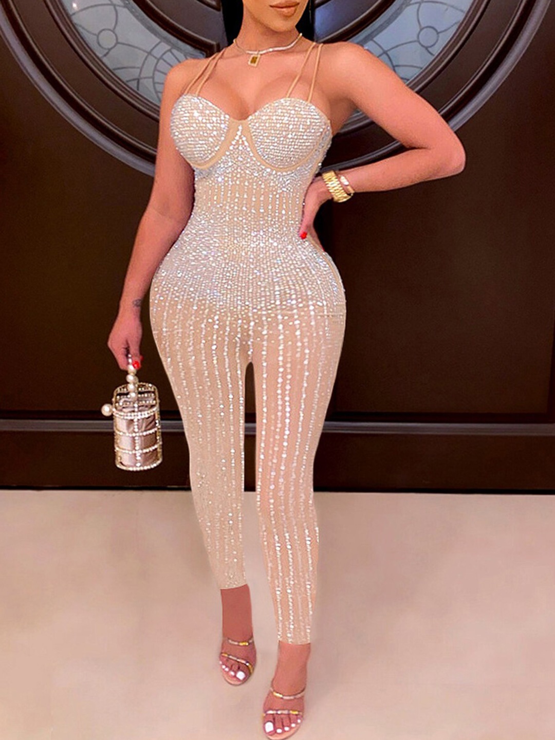 

URBANIC Peach-Coloured Embellished Basic Jumpsuit