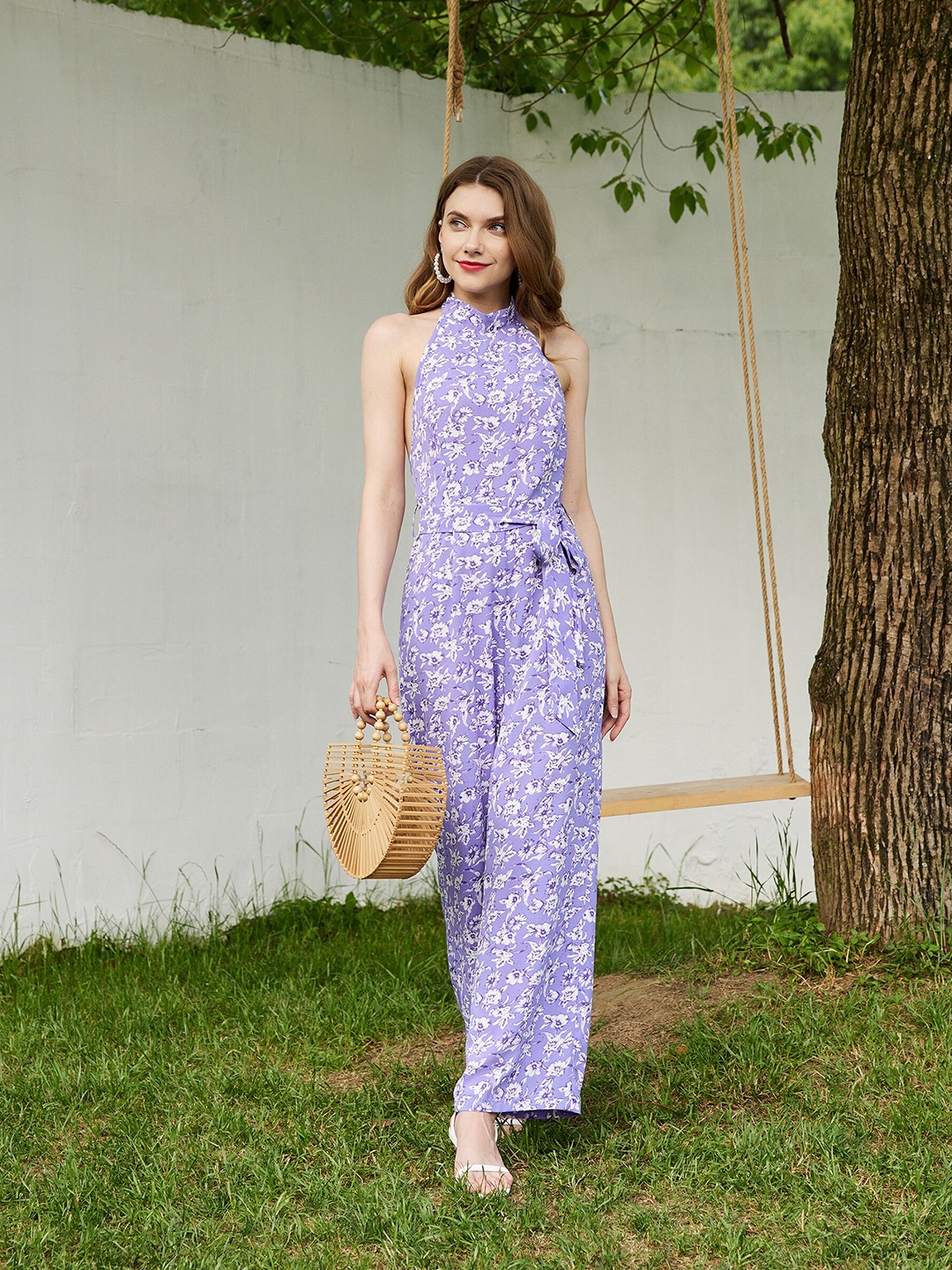 

URBANIC Purple & White Cowl Neck Printed Basic Jumpsuit