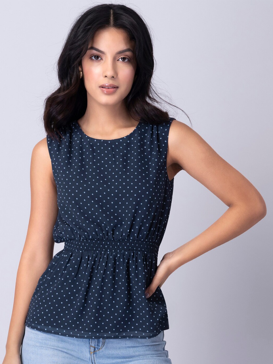 

FabAlley Navy Blue Print Georgette Cinched Waist Top