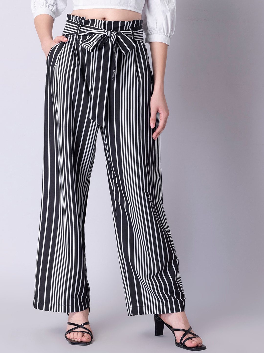

FabAlley Women Black Striped Pleated Trousers