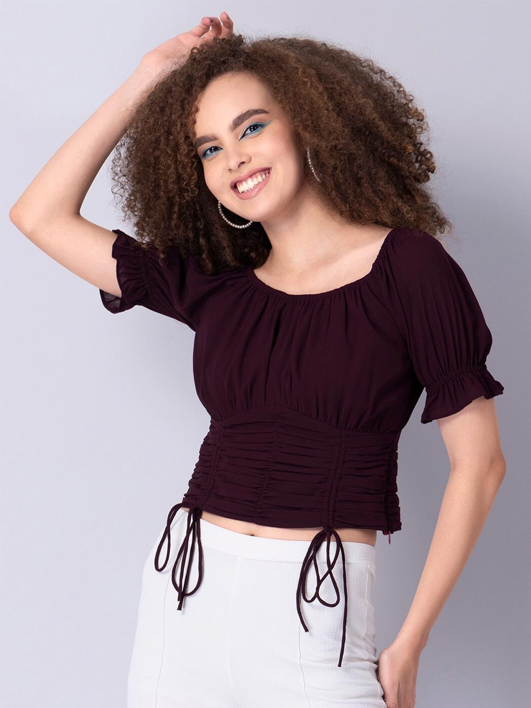 

FabAlley Burgundy Solid Ruched Georgette Crop Top