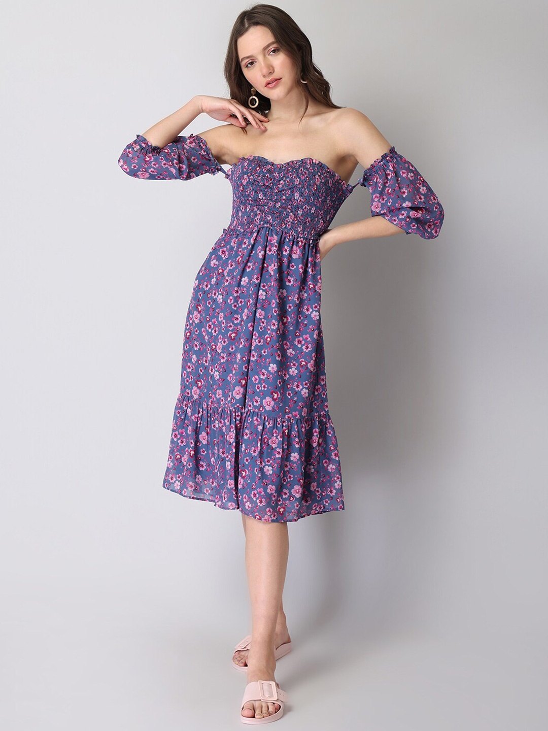 

FabAlley Women Blue Printed Off-Shoulder Georgette Midi Dress