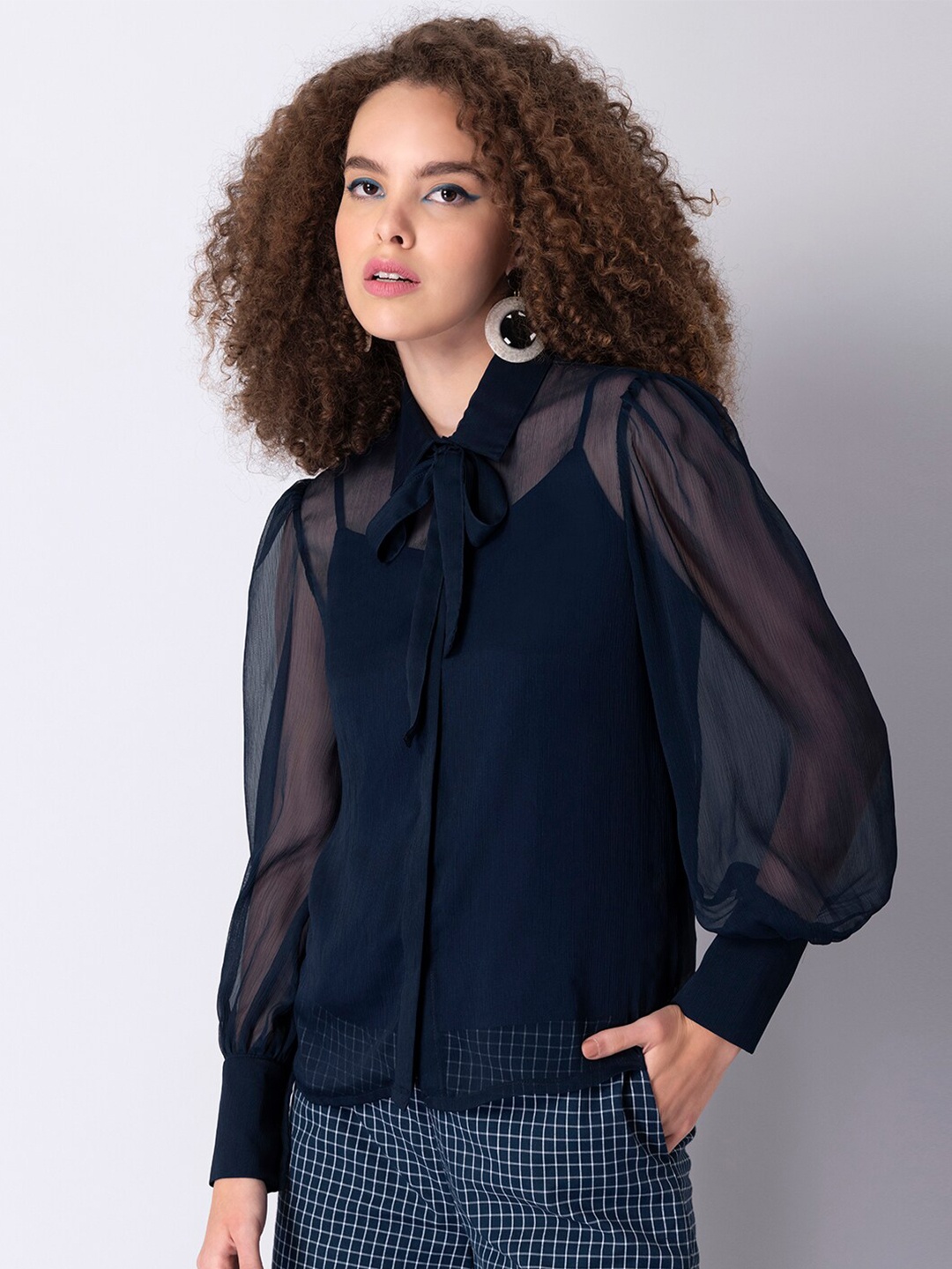 

FabAlley Navy Blue Tie-Up Neck Bishop Sleeves Chiffon Shirt Style Top