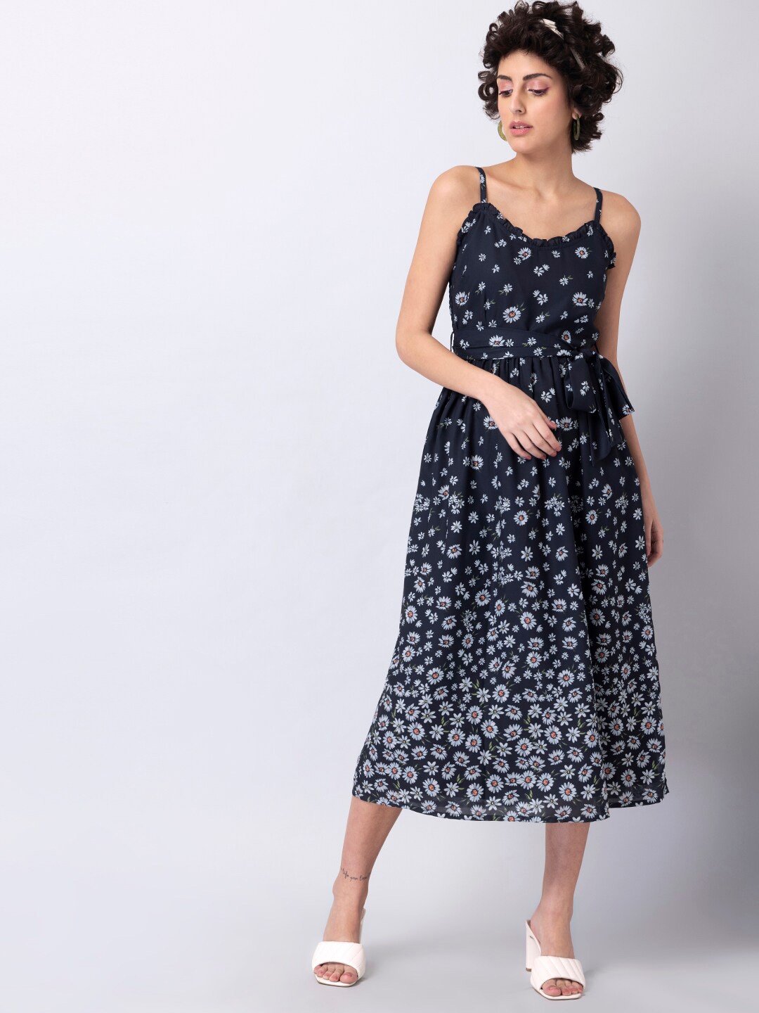 

FabAlley Navy Blue & White Floral Georgette A-Line Midi Dress