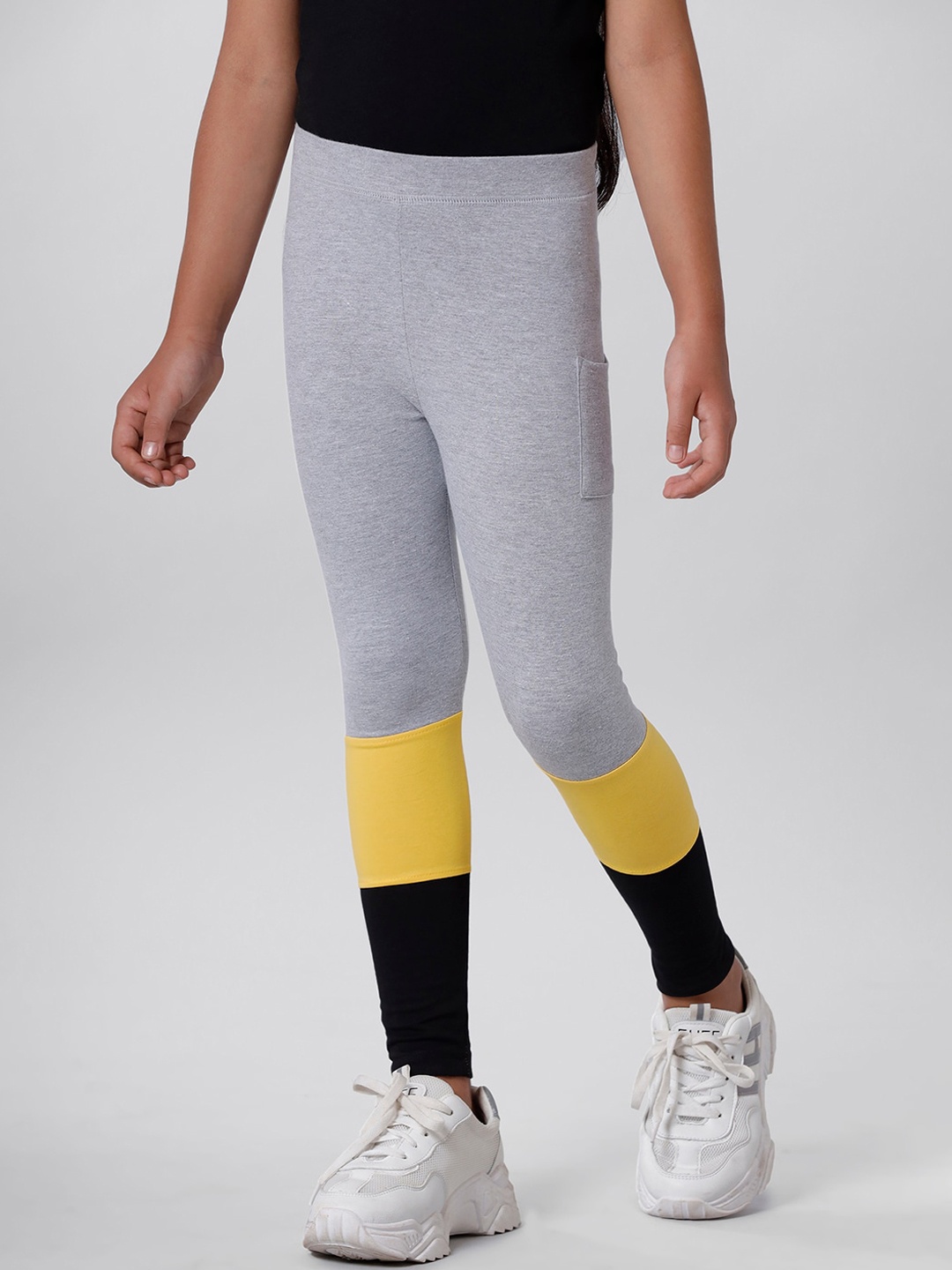 

De Moza Teen Girls Grey & Yellow Colourblocked Ankle Length Leggings