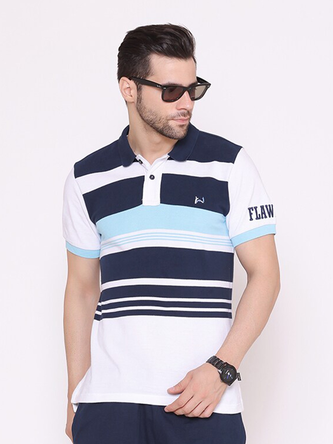 

FLAWLESS Men Navy Blue Striped T-shirt