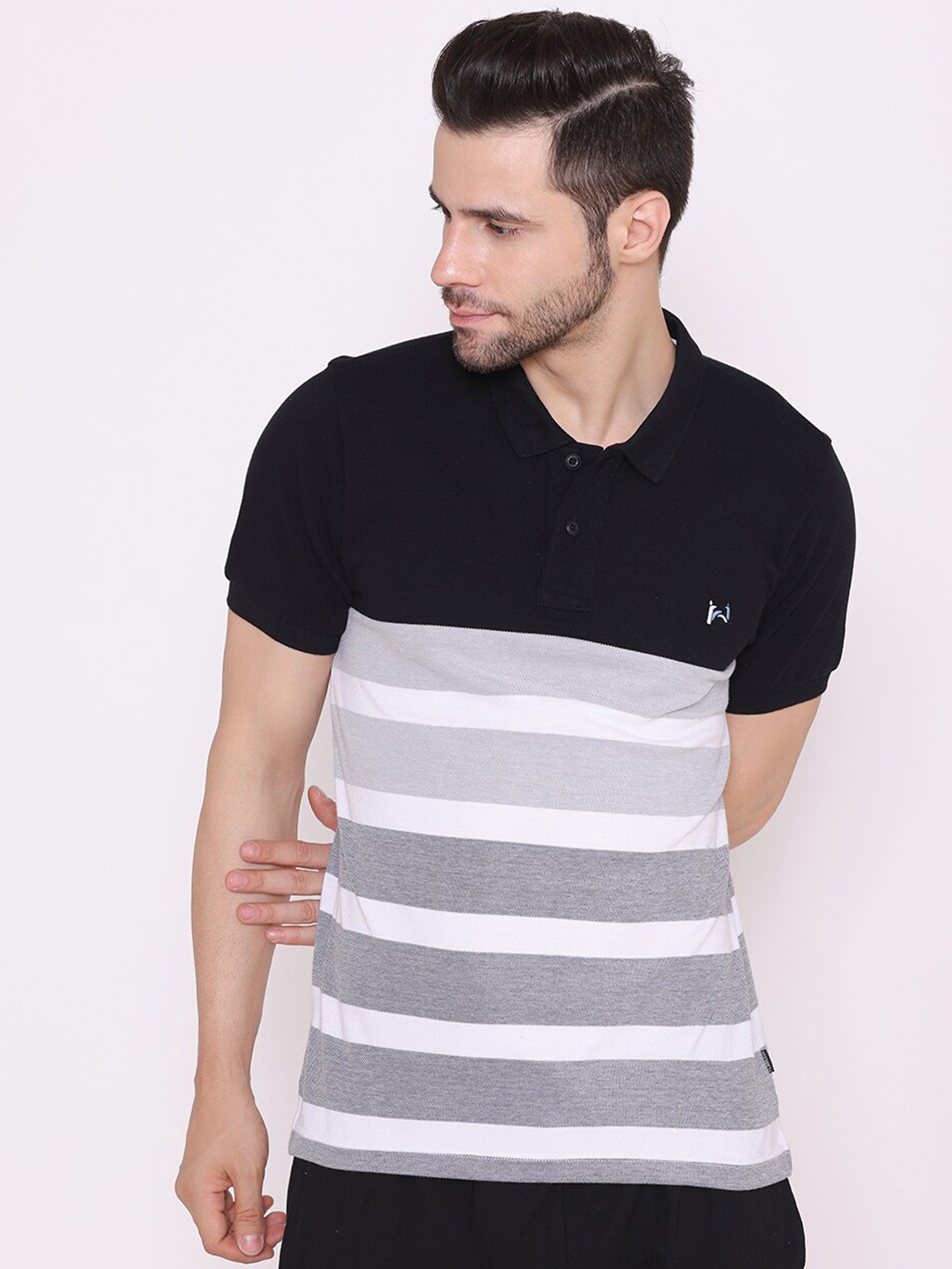 

FLAWLESS Men Black Striped Polo Collar T-shirt