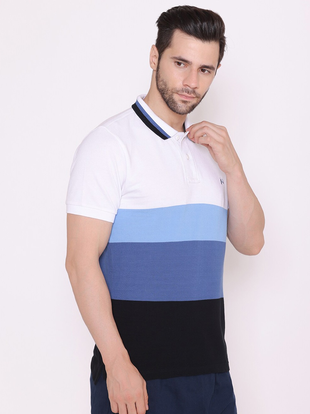 

FLAWLESS Men Blue Colourblocked Polo Collar T-shirt