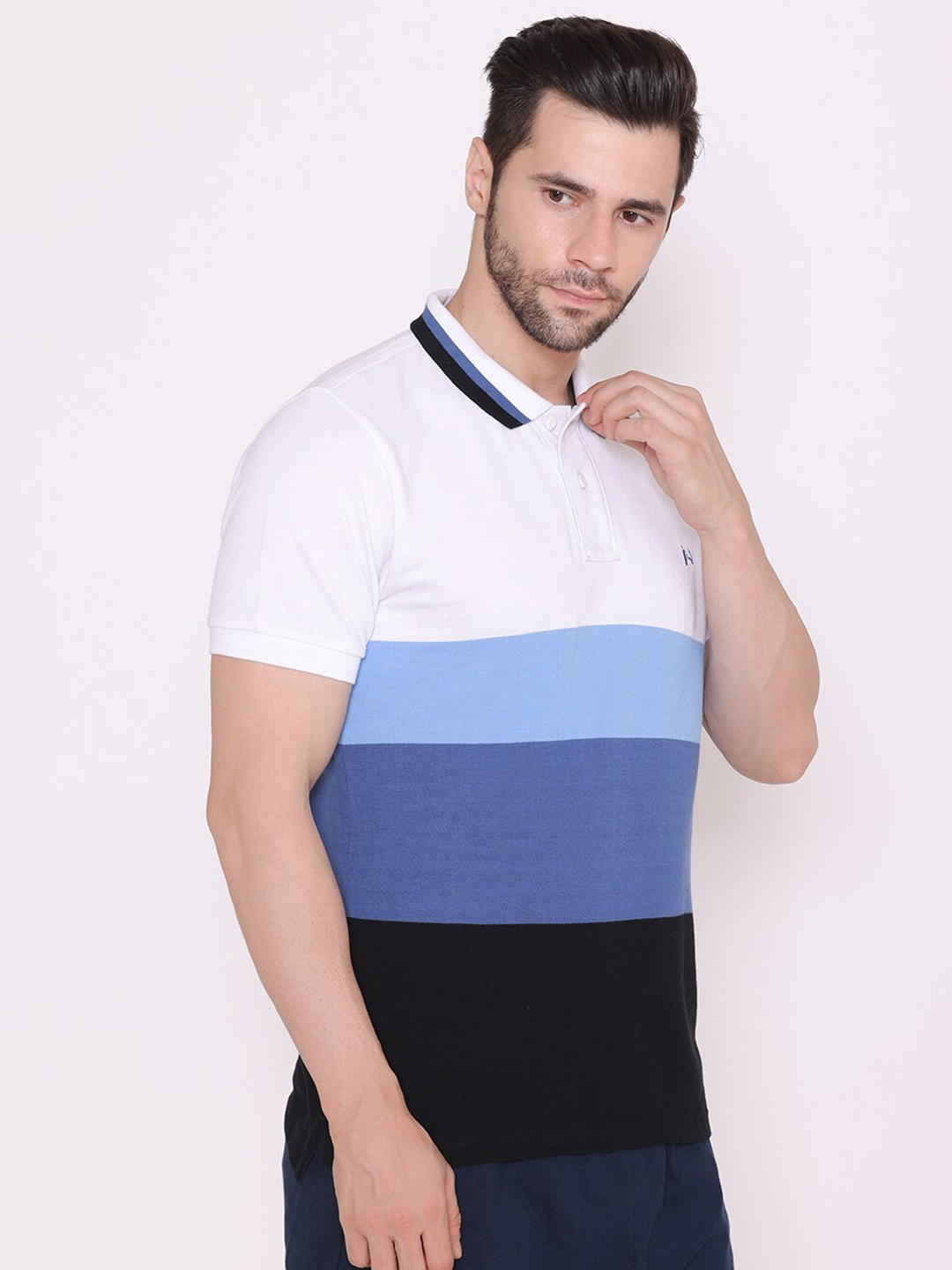 

FLAWLESS Men Blue Colourblocked Pure Cotton Polo Collar T-shirt