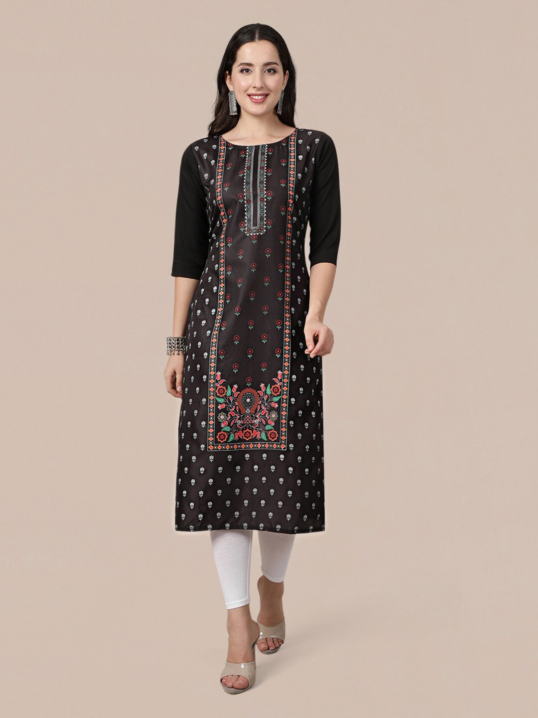 

MOKOSH Women Black & White Floral Printed Crepe Kurta