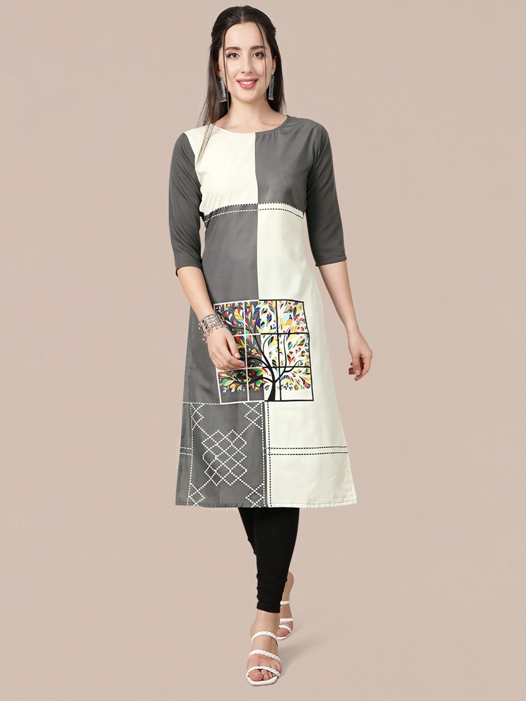 

MOKOSH Women Grey & Off White Colourblocked Printed Pure Crepe Kurta