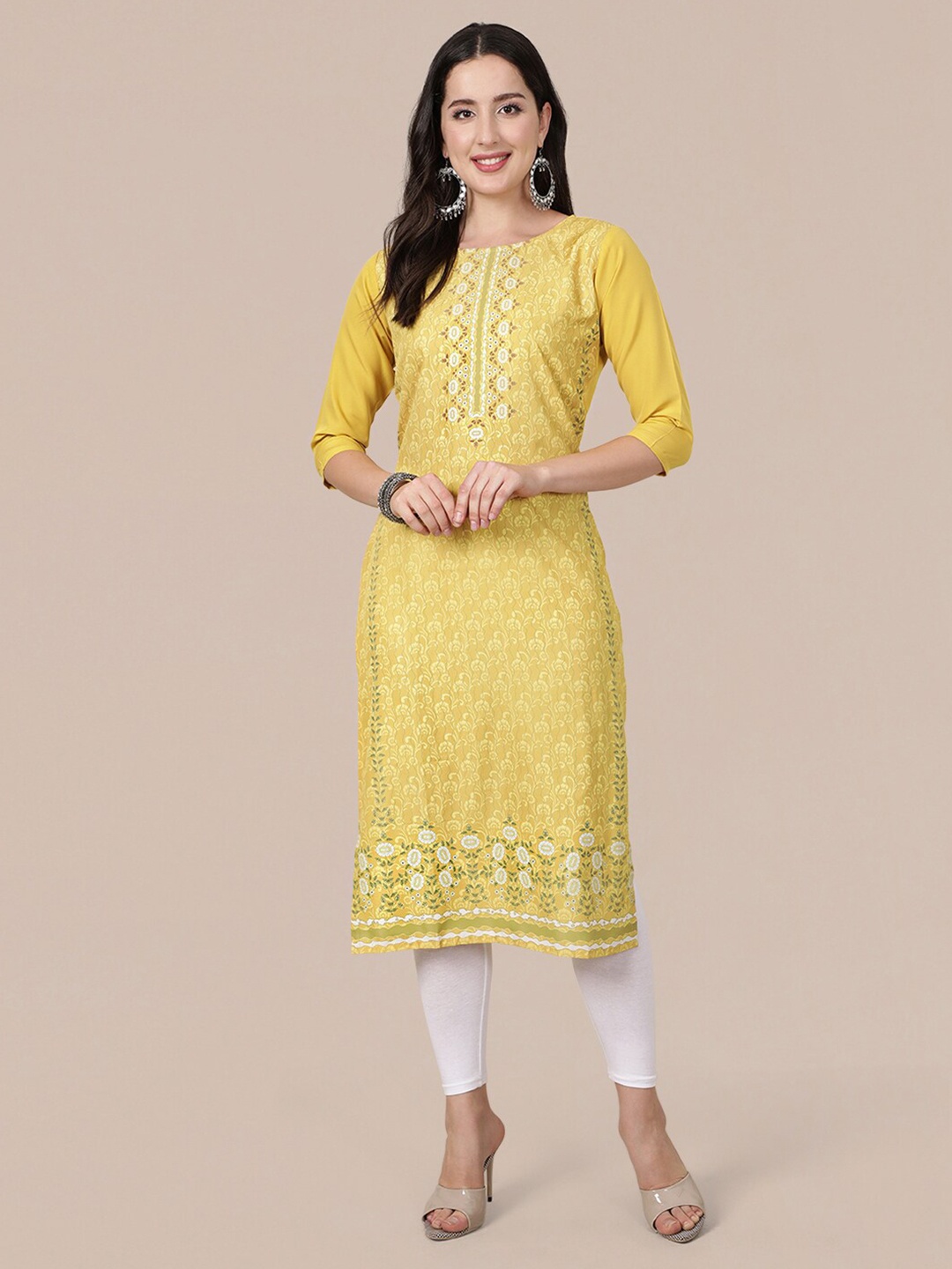 

MOKOSH Women Mustard Yellow Floral Printed Floral Crepe Kurta