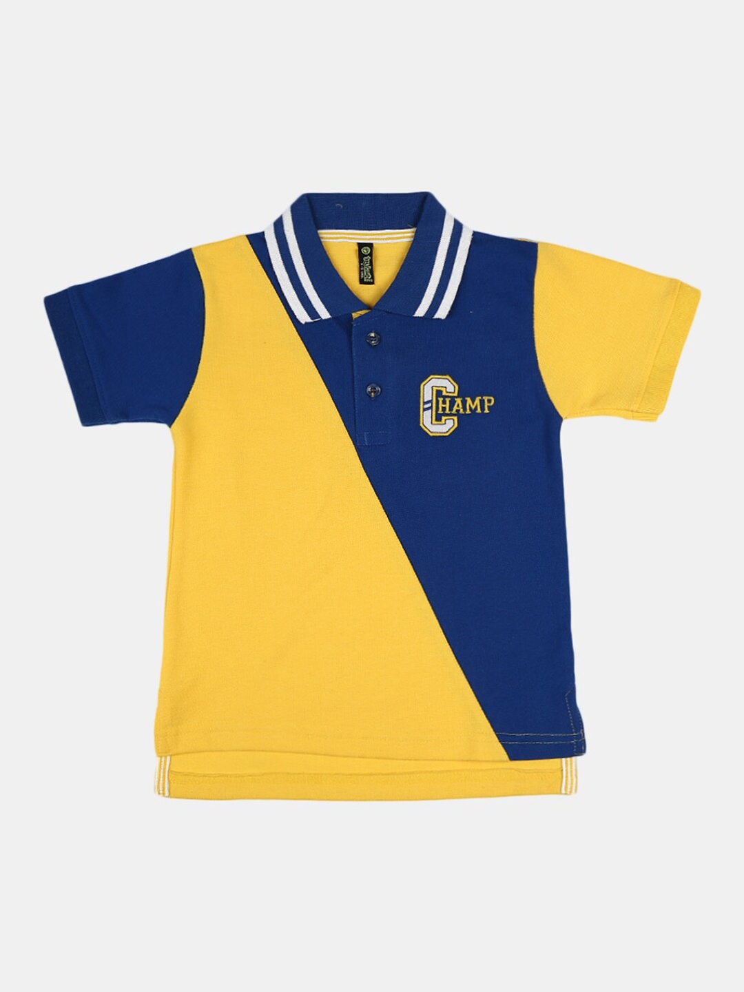 

V-Mart Kids-Boys Blue Yellow Colourblocked Polo Collar Cotton Raw Edge T-shirt