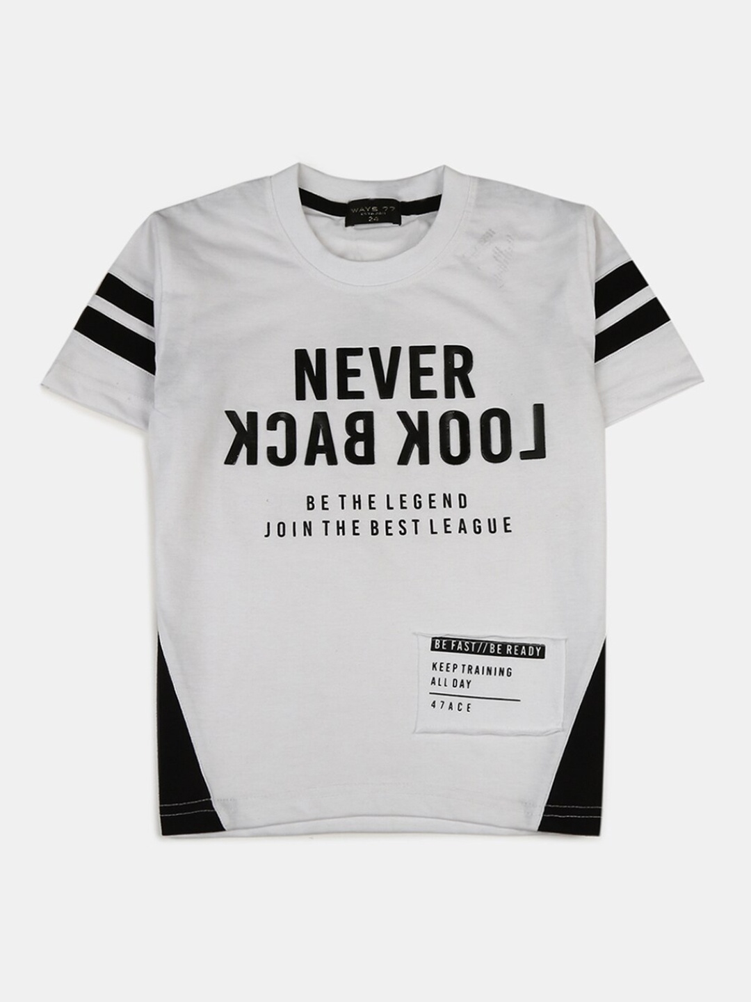 

V-Mart Boys White Typography Striped Applique T-shirt