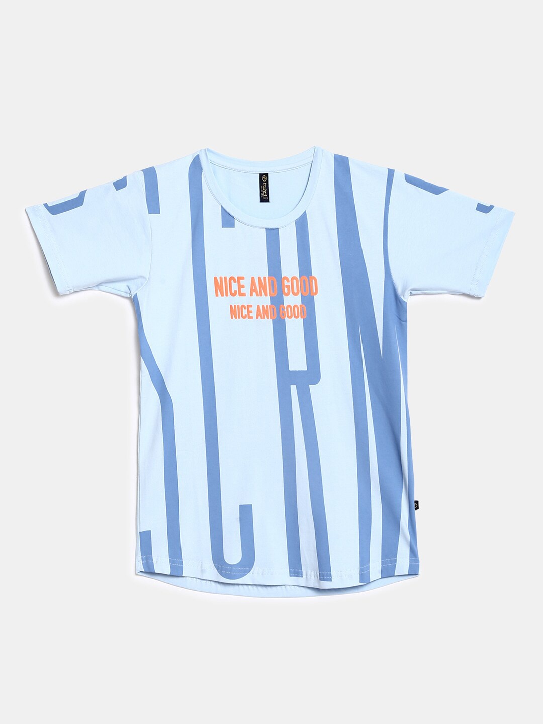 

V-Mart Boys Blue Typography Striped Applique T-shirt