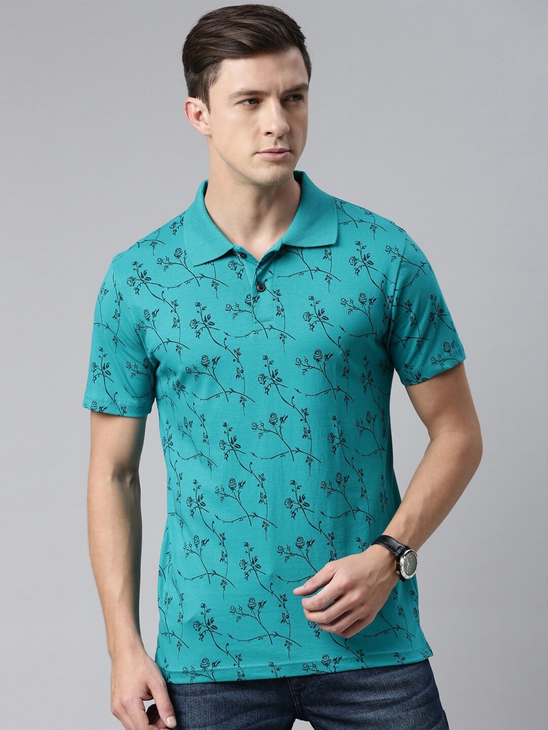 

Kryptic Men Teal Printed Polo Pure Cotton Collar T-shirt