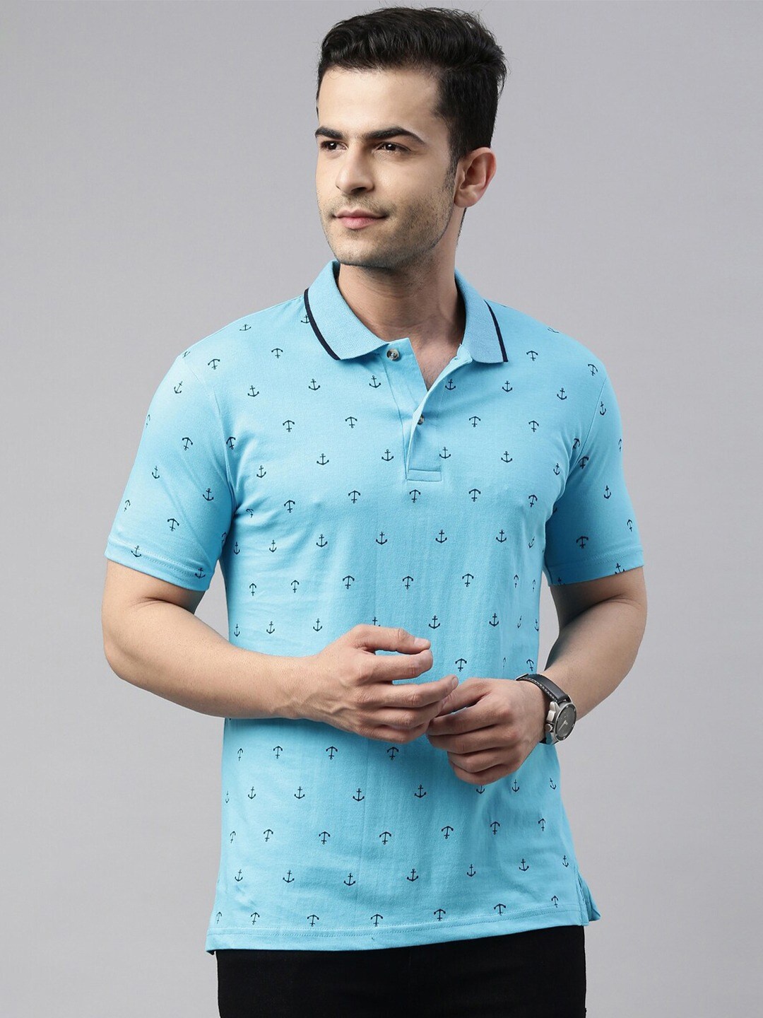 

Kryptic Men Blue Printed Polo Collar T-shirt