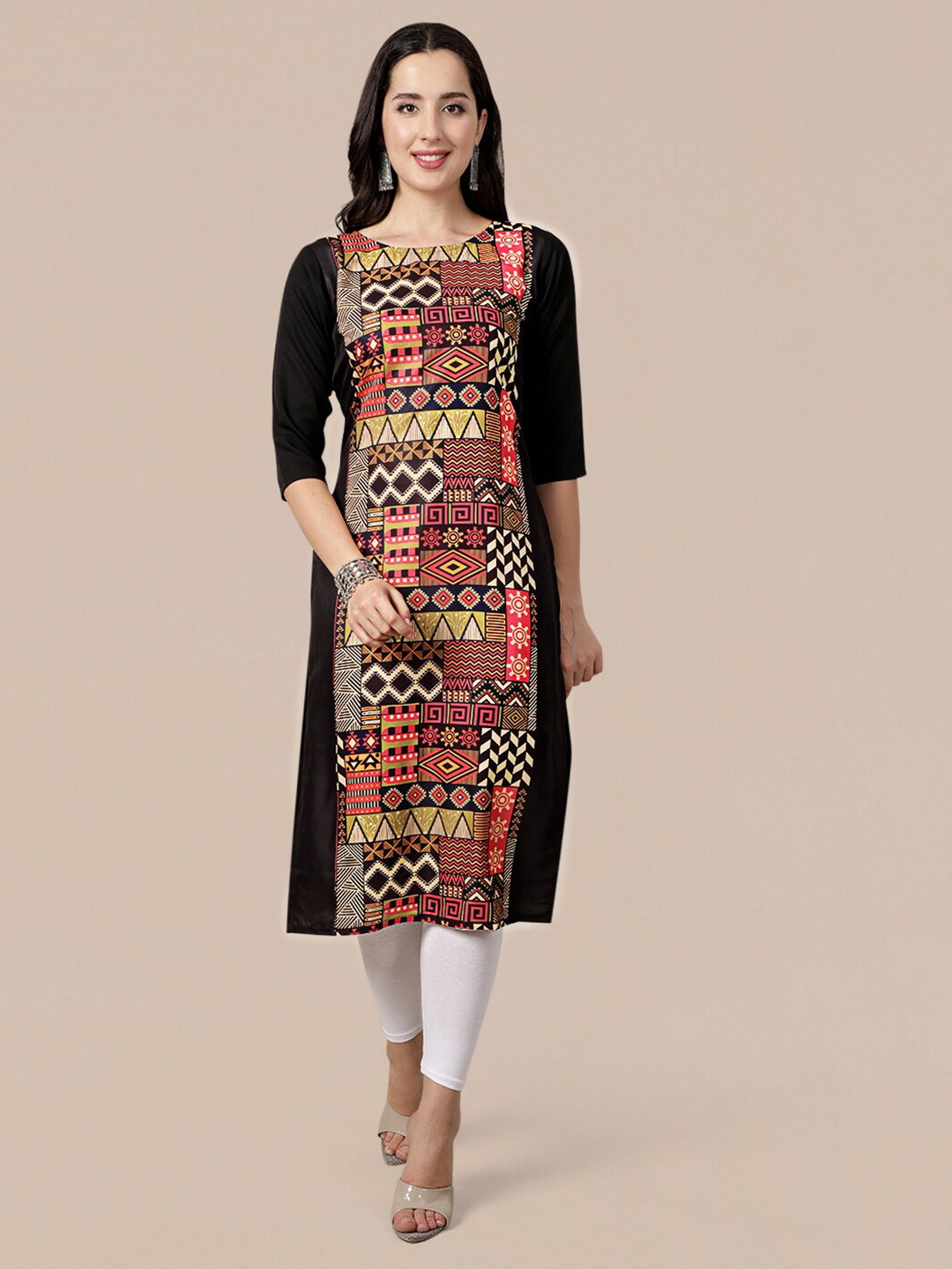 

MOKOSH Women Black & Pink Geometric Printed Crepe Kurta