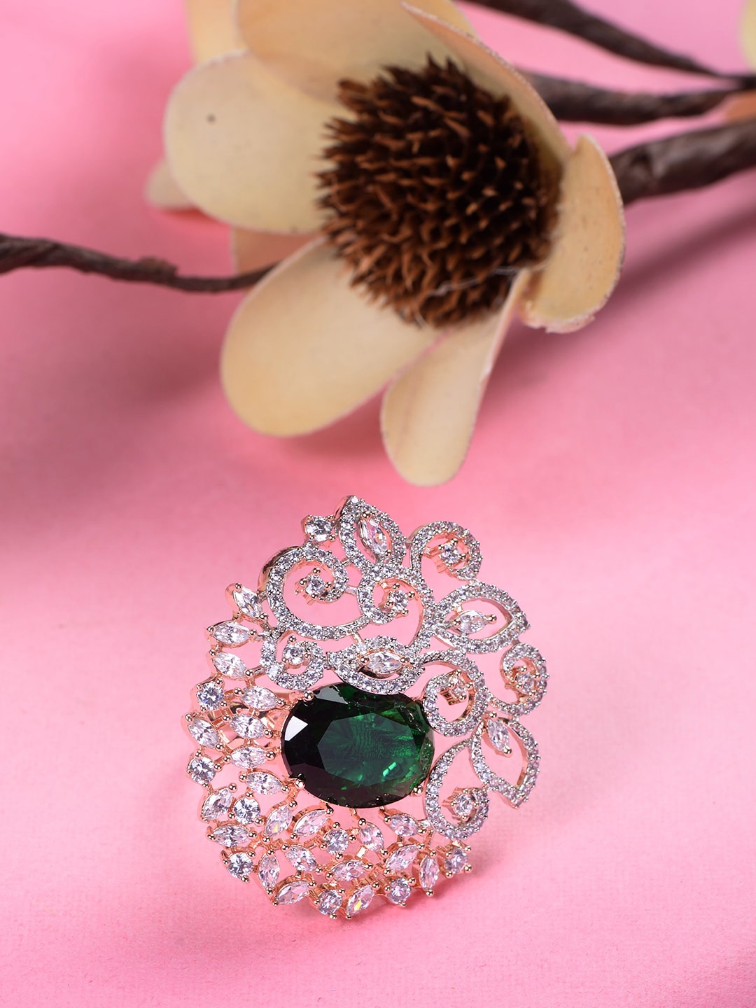 

Saraf RS Jewellery Rose-Gold Plated Green AD Studded Handcrafted Finger Ring