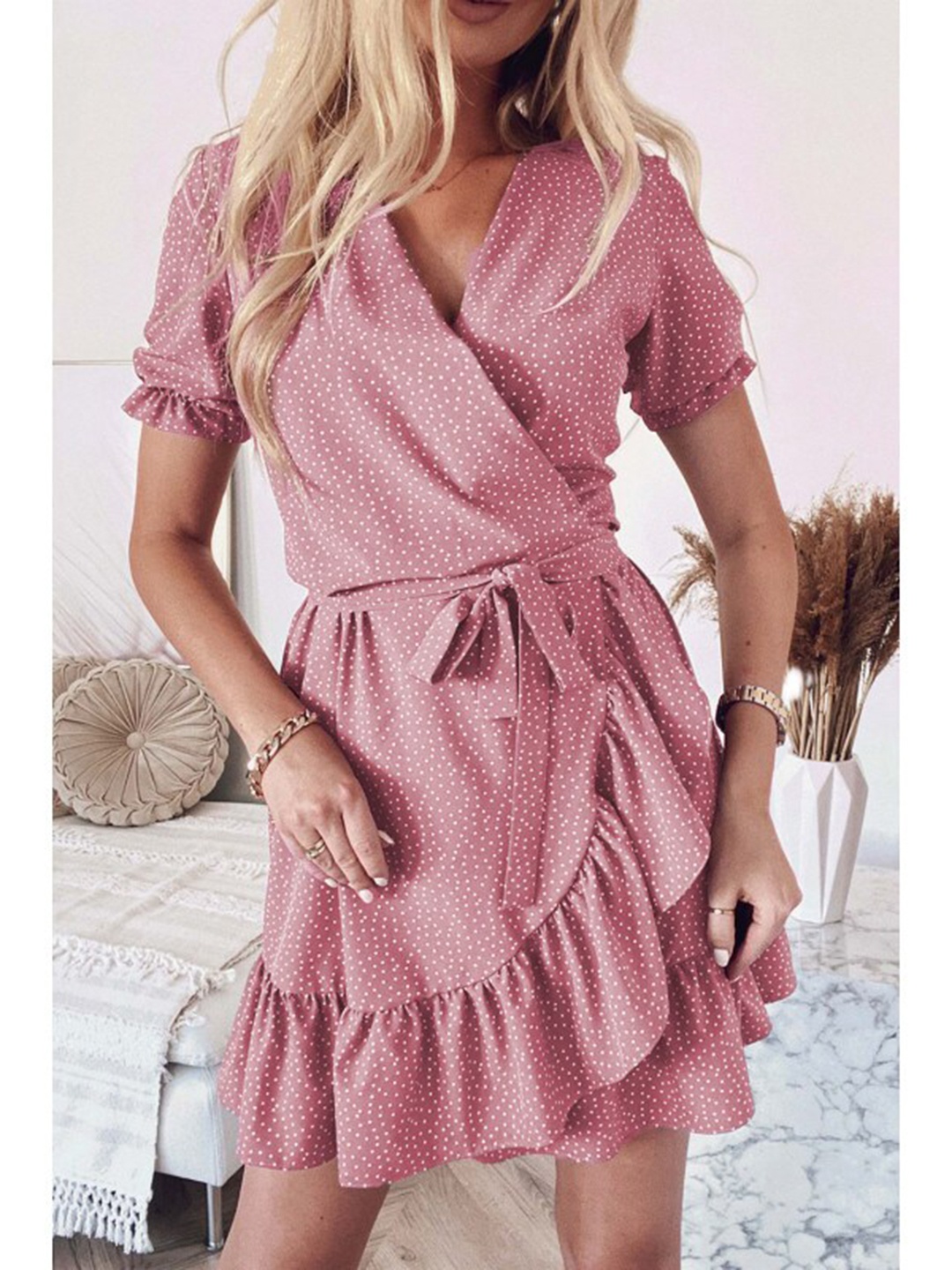 

La Aimee Women Peach-Coloured Over Lapped flounce hem Dress