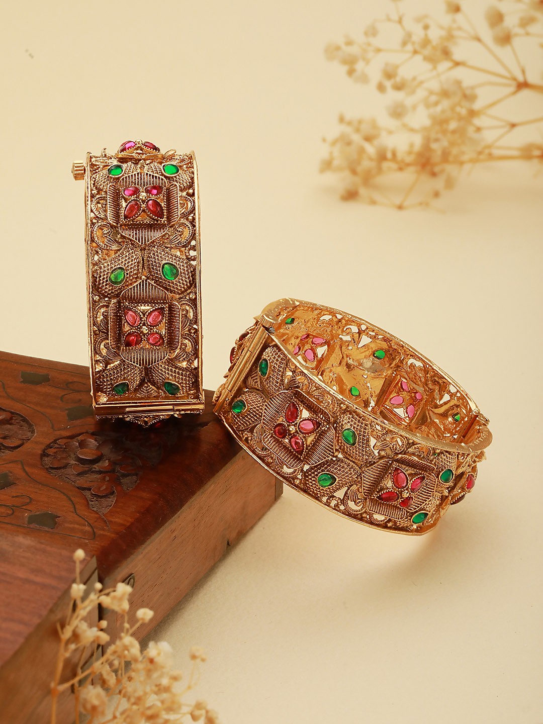 

Saraf RS Jewellery Set Of 2 Green & Red Stone-Studded Gold Plated Bangle