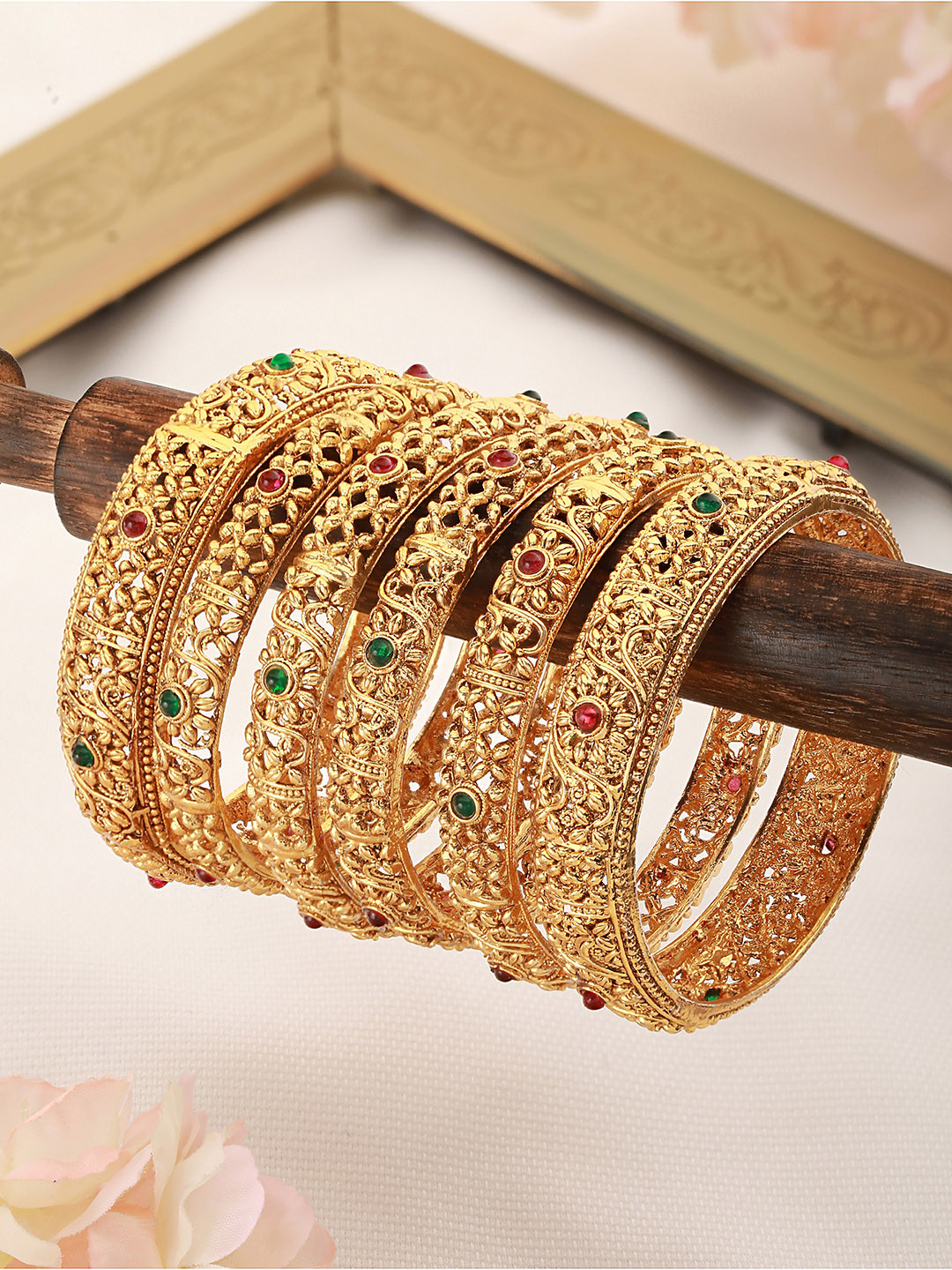 

Saraf RS Jewellery Set Of 6 Gold-Plated Red & Green AD-Studded Bangles