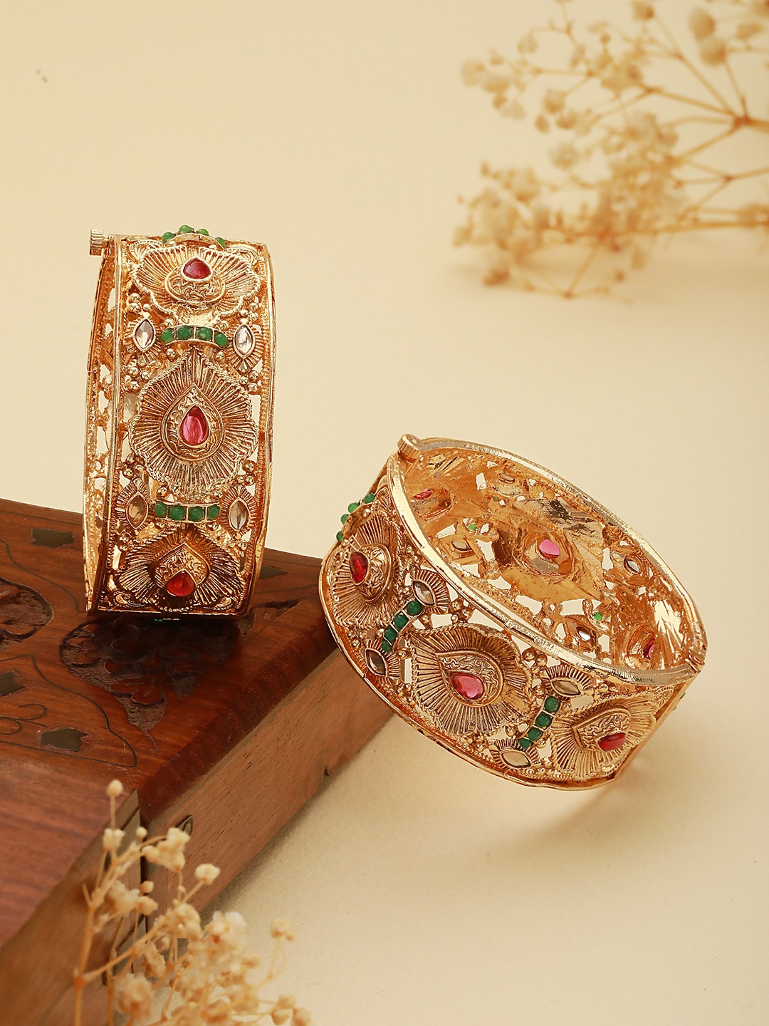 

Saraf RS Jewellery Set Of Gold Plated Red & Green AD Studded Petal Motif Openable Bridal Bangles