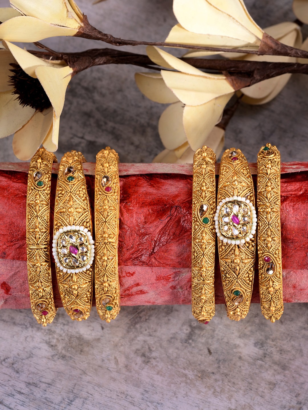 

Set Of 6 Gold-Plated Panchi Kundan Studded Bangles