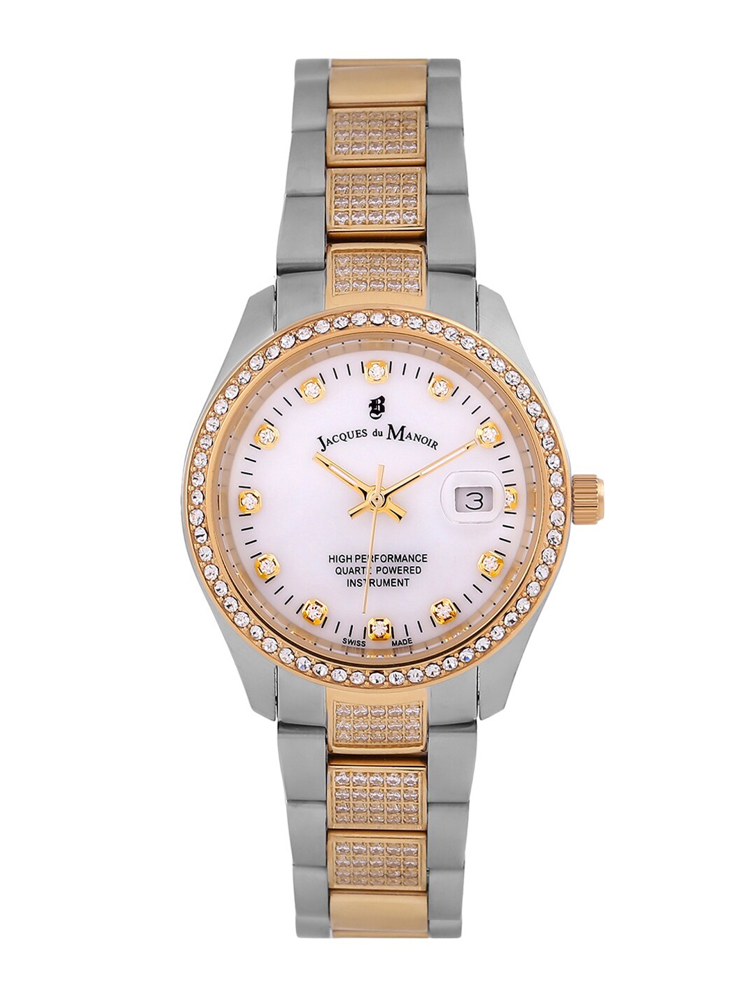 

JACQUES du MANOIR Women White Brass Embellished Dial & Silver Toned Stainless Steel Bracelet Style Straps Watch