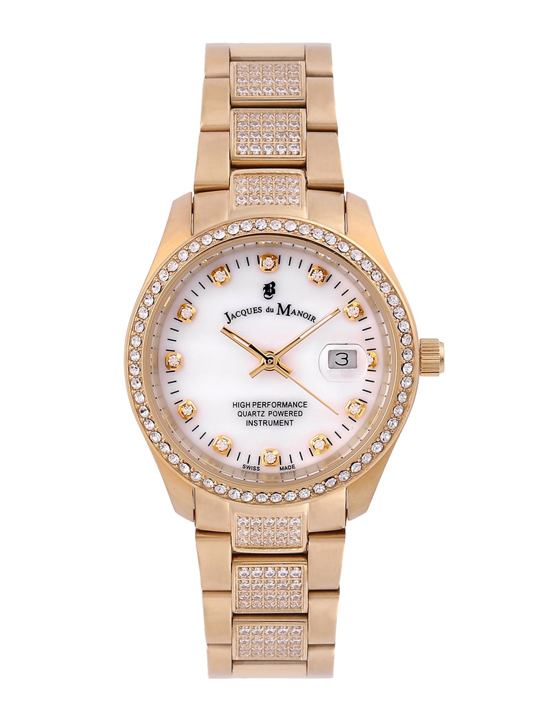

JACQUES du MANOIR Women White Brass Embellished Dial & Gold Toned Stainless Steel Bracelet Style Straps Watch