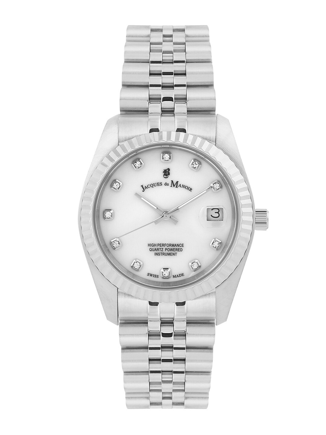 

JACQUES du MANOIR Women White Brass Embellished Dial & Silver Toned Stainless Steel Bracelet Style Straps Watch
